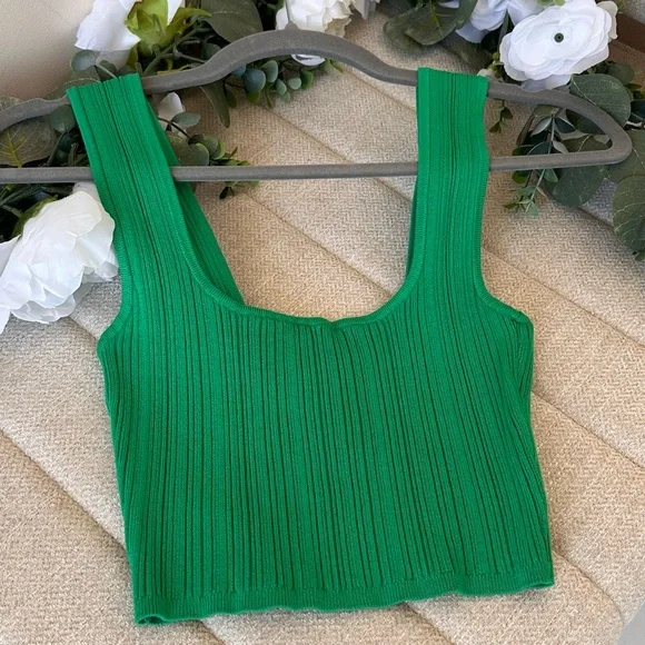 H&M Ribbed Square-Neck Crop Tank - Green - Picture 2 of 2